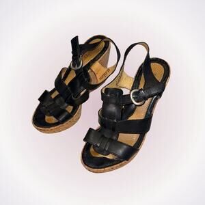 Born Black Patent Leather Cork Wedge Sandals | Sz 7